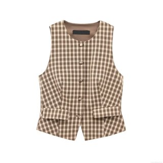 Women Retro Brown Plaid 2 Piece Set Sleeveless Slim Fit V Neck Vest And Pleated Mini Skirt Pants Cotton Blend Casual Streetwear Outfit For Women