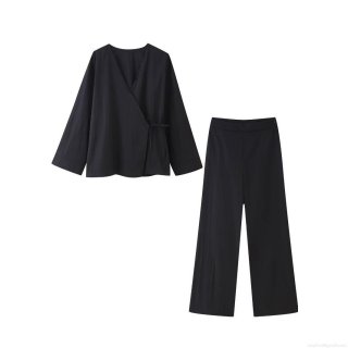 Women's Casual 2 Piece Lounge Set Solid Color Textured V Neck Wrap Tie Long Sleeve Top and High Waist Wide Leg Pants Streetwear Outfit