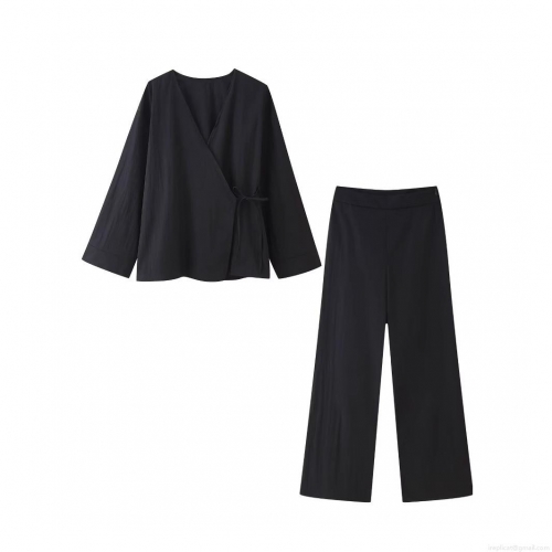 Women's Casual 2 Piece Lounge Set Solid Color Textured V Neck Wrap Tie Long Sleeve Top and High Waist Wide Leg Pants Streetwear Outfit