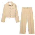 Women's Streetwear Khaki Cropped Jacket With Shoulder Pads And High Waist Straight Leg Pants Casual Two Piece Set Polyester Solid Color Office Suit For Ladies