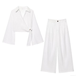 Women's Sexy Two Piece Set V Neck Tie Front Wrap Crop Top And High Waisted Wide Leg Pants Elegant Vacation Outfits Solid Color Long Flare Sleeve Streetwear Suit