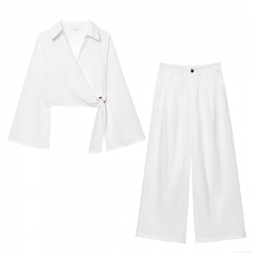 Women's Sexy Two Piece Set V Neck Tie Front Wrap Crop Top And High Waisted Wide Leg Pants Elegant Vacation Outfits Solid Color Long Flare Sleeve Streetwear Suit