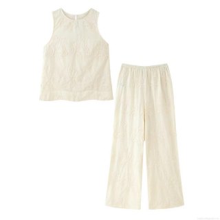 Women's Floral Embroidery Two Piece Set Sleeveless Round Neck Top And Wide Leg Pants Solid Color Casual Summer Leisure Outfit Fashion Streetwear