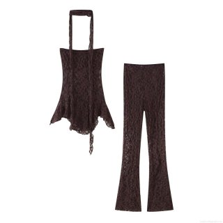 Women's Sexy Lace Two Piece Pants Set Halter Hollow Out Crop Top And High Waisted Flare Trousers Coffee Brown Solid Color Outfits For Party Club Streetwear