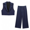 Women's Two Piece Denim Set Dark Blue Sleeveless Short Vest Waistcoat and High Waist Wide Leg Long Pants Set Casual Streetwear Trousers Outfit