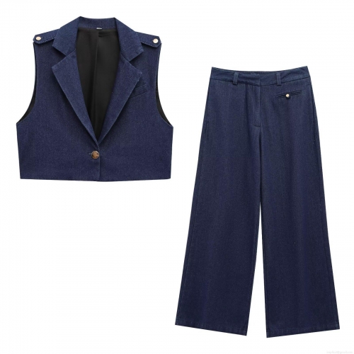 Women's Two Piece Denim Set Dark Blue Sleeveless Short Vest Waistcoat and High Waist Wide Leg Long Pants Set Casual Streetwear Trousers Outfit