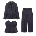 Women's 3-Piece Dark Blue Denim Set Includes Blazer Jacket Bustier Corset Top And High Waist Wide Leg Pants Streetwear Chic Casual Outfit For Women