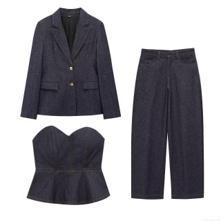 Women's 3-Piece Dark Blue Denim Set Includes Blazer Jacket Bustier Corset Top And High Waist Wide Leg Pants Streetwear Chic Casual Outfit For Women