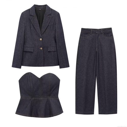 Women's 3-Piece Dark Blue Denim Set Includes Blazer Jacket Bustier Corset Top And High Waist Wide Leg Pants Streetwear Chic Casual Outfit For Women