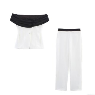 Women's Fashion Black White Patchwork Two Piece Set Off Shoulder Corset Top and High Waist Straight Leg Trousers Elegant Casual Streetwear Suit
