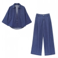 Women Western Fashion Denim Set Lapel Wide Sleeve Shirt And High Waist Wide Leg Pants Casual Streetwear Cotton Blend Denim Two Piece Suit