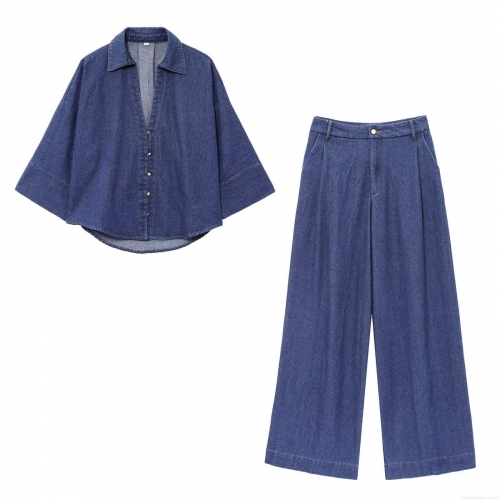 Women Western Fashion Denim Set Lapel Wide Sleeve Shirt And High Waist Wide Leg Pants Casual Streetwear Cotton Blend Denim Two Piece Suit