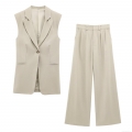 Women's Summer 2 Piece Set Sleeveless Shoulder Pad Lapel Vest Top and High Waist Pleated Wide Leg Pants Office Lady Commute Elegant Solid Beige Suit