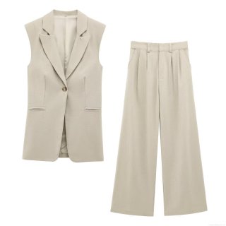 Women's Summer 2 Piece Set Sleeveless Shoulder Pad Lapel Vest Top and High Waist Pleated Wide Leg Pants Office Lady Commute Elegant Solid Beige Suit