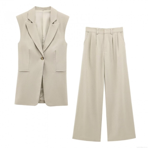 Women's Summer 2 Piece Set Sleeveless Shoulder Pad Lapel Vest Top and High Waist Pleated Wide Leg Pants Office Lady Commute Elegant Solid Beige Suit