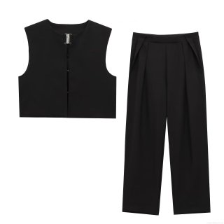 Women's 2 Piece Fashion Set Sleeveless Short Vest Top With Metal Buckle And High Waist Wide Leg Pants Polyester Solid Color Streetwear Casual Suit For Commuting
