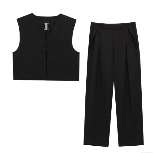 Women's 2 Piece Fashion Set Sleeveless Short Vest Top With Metal Buckle And High Waist Wide Leg Pants Polyester Solid Color Streetwear Casual Suit For Commuting