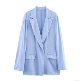 Women's Light Blue Creased Open Front Blazer And Wide Leg Pants Two Piece Set Casual Polyester Linen Texture Long Sleeve Suit For Daily Streetwear