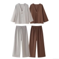 Women's Casual 2 Piece Lounge Set V Neck Long Sleeve Button Up Top And Wide Leg Pants Set Solid Color Soft Polyester Outfits For Daily Streetwear