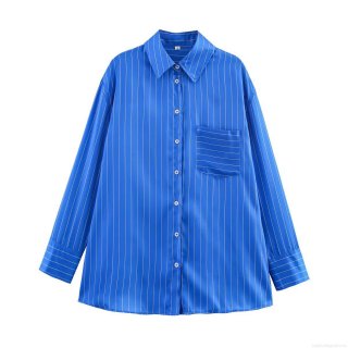 Women Fashion Blue Vertical Striped Two Piece Set Loose Long Sleeve Satin Button Shirt and Wide Leg Drawstring Pants Casual Streetwear Outfits for Women