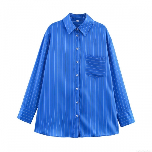 Women Fashion Blue Vertical Striped Two Piece Set Loose Long Sleeve Satin Button Shirt and Wide Leg Drawstring Pants Casual Streetwear Outfits for Women