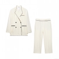 Women's Two Piece Set Elegant Contrast Trim Blazer and Straight Leg Pants Suit Set Office Lady Business Work Wear Double Breasted Ivory White Outfits for Women