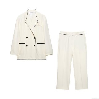 Women's Two Piece Set Elegant Contrast Trim Blazer and Straight Leg Pants Suit Set Office Lady Business Work Wear Double Breasted Ivory White Outfits for Women