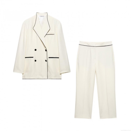 Women's Two Piece Set Elegant Contrast Trim Blazer and Straight Leg Pants Suit Set Office Lady Business Work Wear Double Breasted Ivory White Outfits for Women