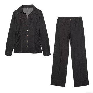 Women's Casual Denim Fabric Two-Piece Set Long Sleeve Button Up Shirt with Flared Wide Leg Pants Solid Color Streetwear Outfit