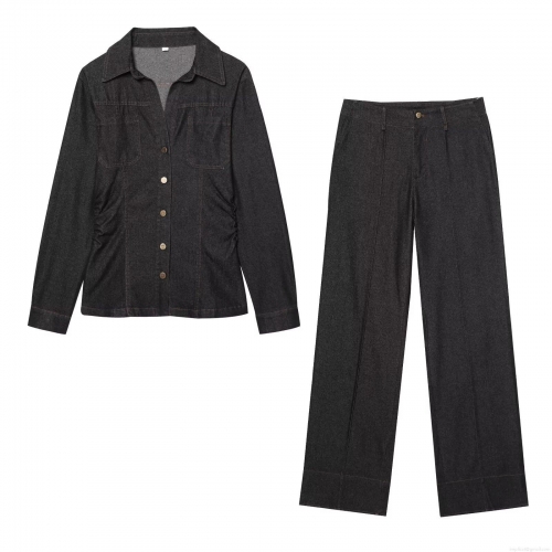 Women's Casual Denim Fabric Two-Piece Set Long Sleeve Button Up Shirt with Flared Wide Leg Pants Solid Color Streetwear Outfit