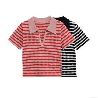 Women Stripe Knitted Polo Short Sleeve Top and Flare Pants Two Piece Set Casual Streetwear Ribbed Cotton Blend Outfits High Waist Trousers