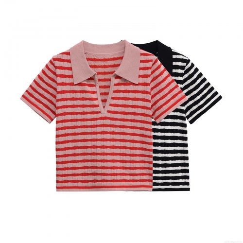 Women Stripe Knitted Polo Short Sleeve Top and Flare Pants Two Piece Set Casual Streetwear Ribbed Cotton Blend Outfits High Waist Trousers