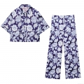 Women's Floral Print Casual Set Polyester Short Sleeve Button Down Shirt And High Waist Wide Leg Pants Two Piece Vacation Streetwear Outfits