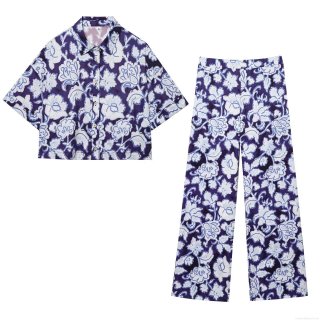 Women's Floral Print Casual Set Polyester Short Sleeve Button Down Shirt And High Waist Wide Leg Pants Two Piece Vacation Streetwear Outfits