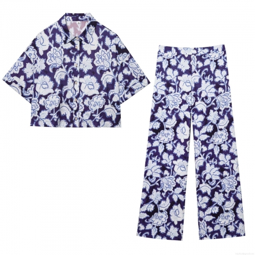 Women's Floral Print Casual Set Polyester Short Sleeve Button Down Shirt And High Waist Wide Leg Pants Two Piece Vacation Streetwear Outfits