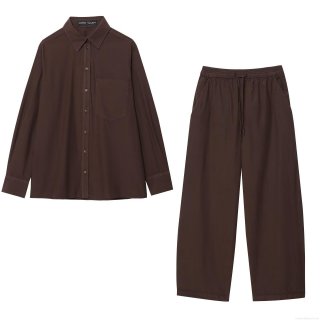Women's Solid Color Poplin Long Sleeve Shirt And Wide Leg Pants Set Loose Casual Button Up Blouse With Drawstring Trousers Two Piece Outfits For Streetwear Daily Wear