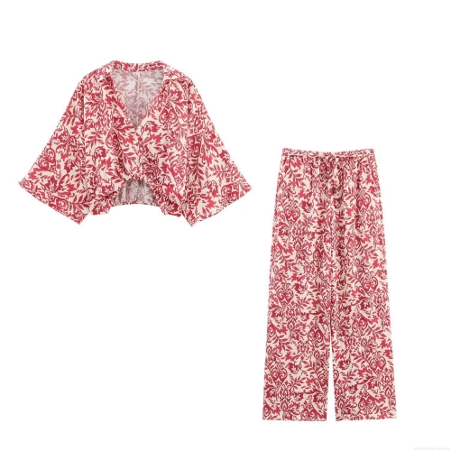 Women's 2-Piece Vacation Outfit Set Floral Print V-Neck Flared Sleeve Top and Wide Leg Pants With Wooden Beads Bohemian Summer Beachwear