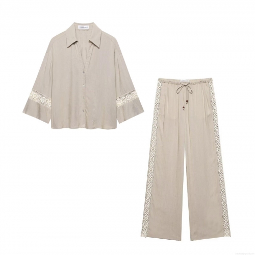 Women's Two Piece Set Casual V Neck Button Down Long Sleeve Shirt And Wide Leg Drawstring Pants With Lace Patchwork Hollow Out Embroidery Bohemian Streetwear Outfits