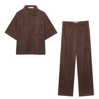 Women's Casual Two Piece Set Short Sleeve Button Down Shirt And High Waist Wide Leg Pants Nylon Cotton Crinkle Solid Color Streetwear Lounge Outfit