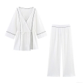 Women Casual Contrast Trim Two Piece Set Loose Kimono Tie Front Top And Wide Leg Pants Polyester Crepe Texture Spring Outfit For Streetwear