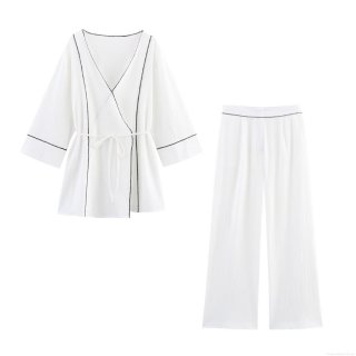 Women Casual Contrast Trim Two Piece Set Loose Kimono Tie Front Top And Wide Leg Pants Polyester Crepe Texture Spring Outfit For Streetwear