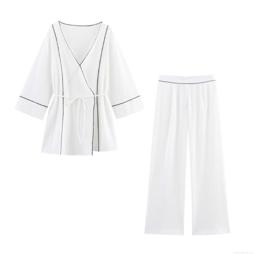 Women Casual Contrast Trim Two Piece Set Loose Kimono Tie Front Top And Wide Leg Pants Polyester Crepe Texture Spring Outfit For Streetwear