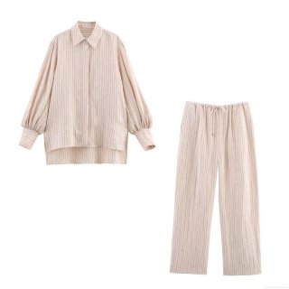 Women Casual Linen Stripe Pants Set Long Sleeve Button Down Blouse Shirt And High Waist Drawstring Wide Leg Trousers Two Piece Outfits For Vacation Streetwear