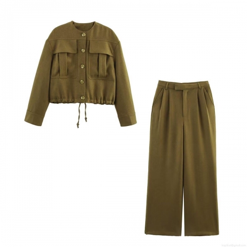 Women's Two Piece Outfits Workwear Style Crop Jacket and High Waist Wide Leg Pants Set 100% Polyester Solid Color Streetwear Casual Suit for Women