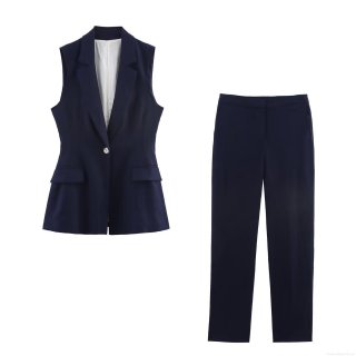 Women Professional Linen Blend Sleeveless Vest And Straight Leg Pants Suit Set Casual Office Wear Slim Fit Lapel Single Button Two Piece Outfit