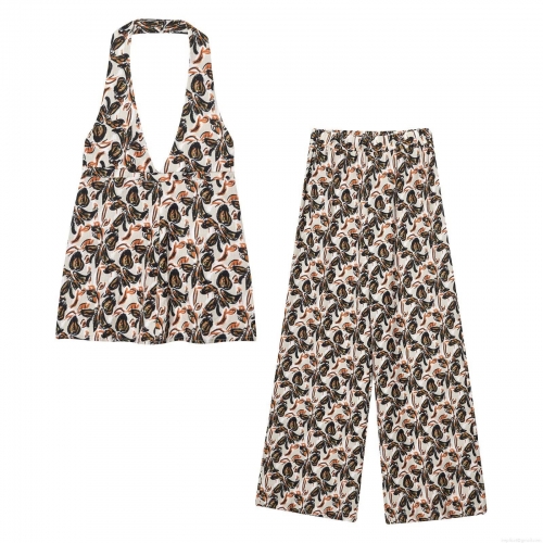 Women's Bohemian Floral Print 2 Piece Sets Halter V Neck Backless Top And High Waist Wide Leg Pants Polyester Casual Summer Vacation Outfits
