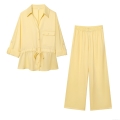 Women's Casual Two Piece Set Polyester Lapel Button Down Shirt And High Waist Wide Leg Pants Pale Yellow Streetwear Lounge Set For Ladies