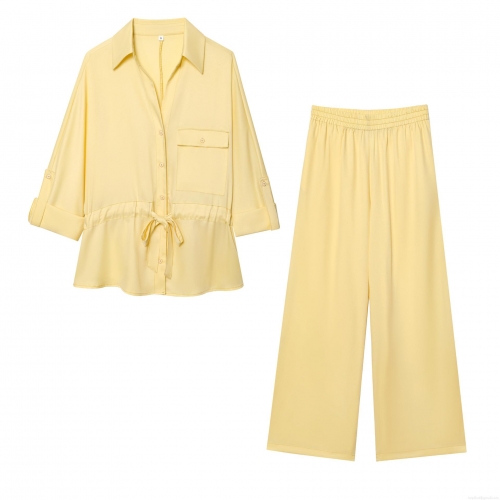 Women's Casual Two Piece Set Polyester Lapel Button Down Shirt And High Waist Wide Leg Pants Pale Yellow Streetwear Lounge Set For Ladies