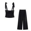 Women's Black Embroidery Eyelet Two Piece Set Bow Tie Sleeveless Crop Top And High Waist Wide Leg Pants Casual Streetwear Outfit