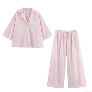 Women's Casual Pink Two Piece Set Solid Color Loose Shirt and Drawstring Wide Leg Pants Loungewear Set European Style Polyester Streetwear